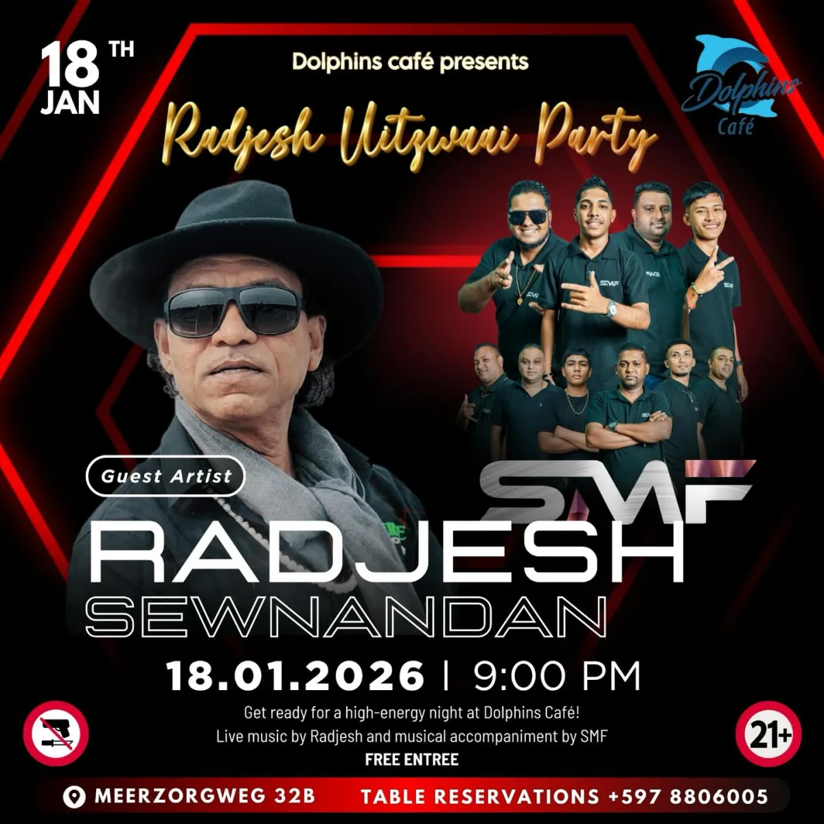 Flyer van Radjesh Uitzwaai Party bij Dolphins Café