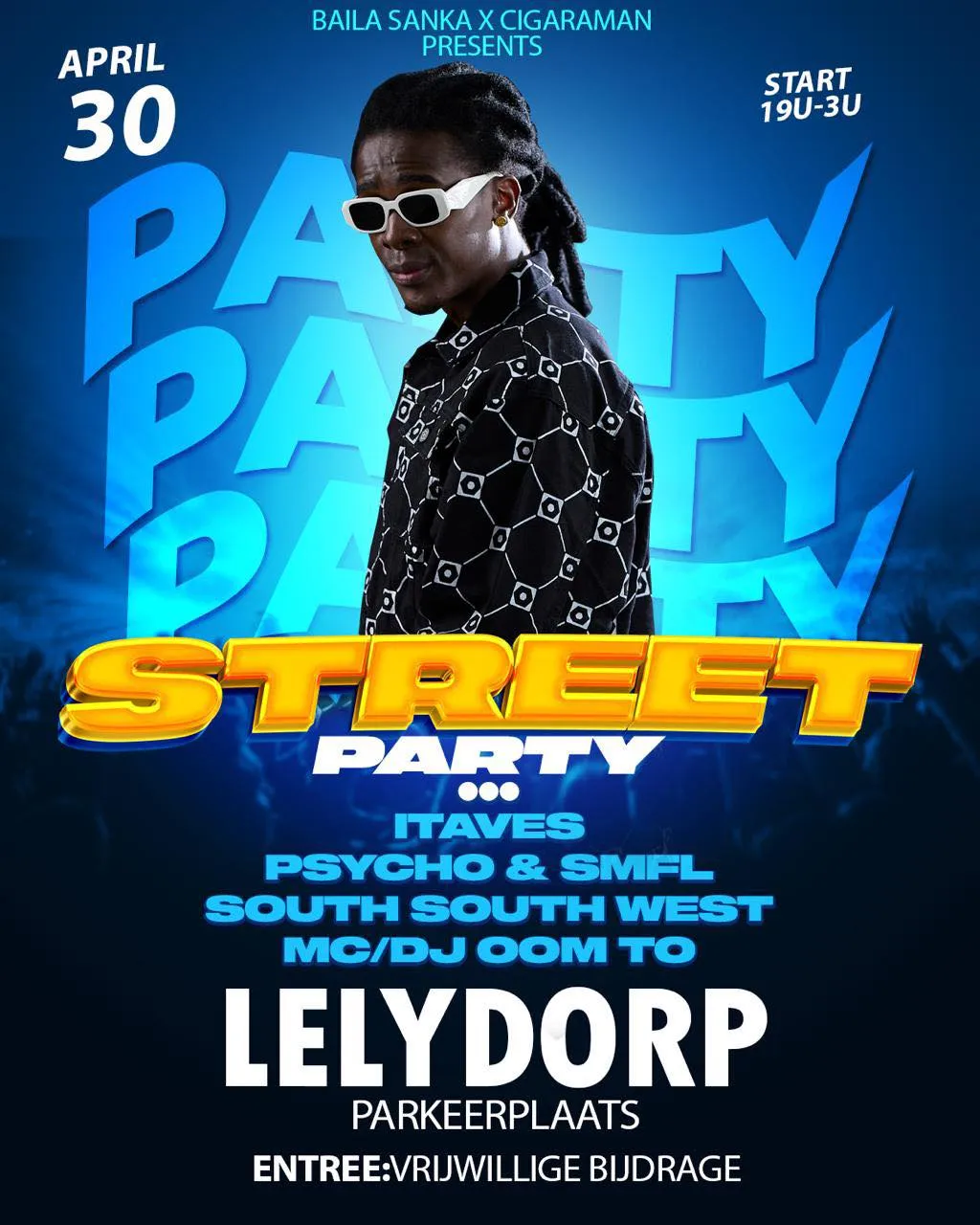 Flyer van STREET PARTY bij LSB Stadion Lelydorp