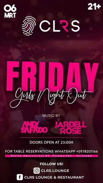 Flyer van FRIDAY Girls Night Out bij CLRS Lounge & Restaurant