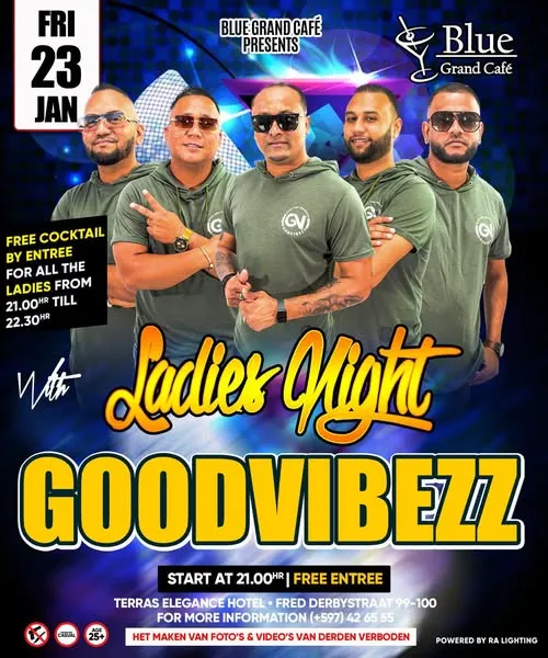 Flyer of Ladies Night with Goodvibezz at Blue Grand Café