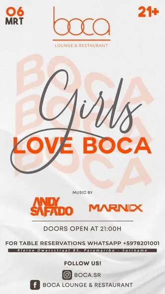 Flyer van Girls Love Boca bij Boca Lounge & Restaurant