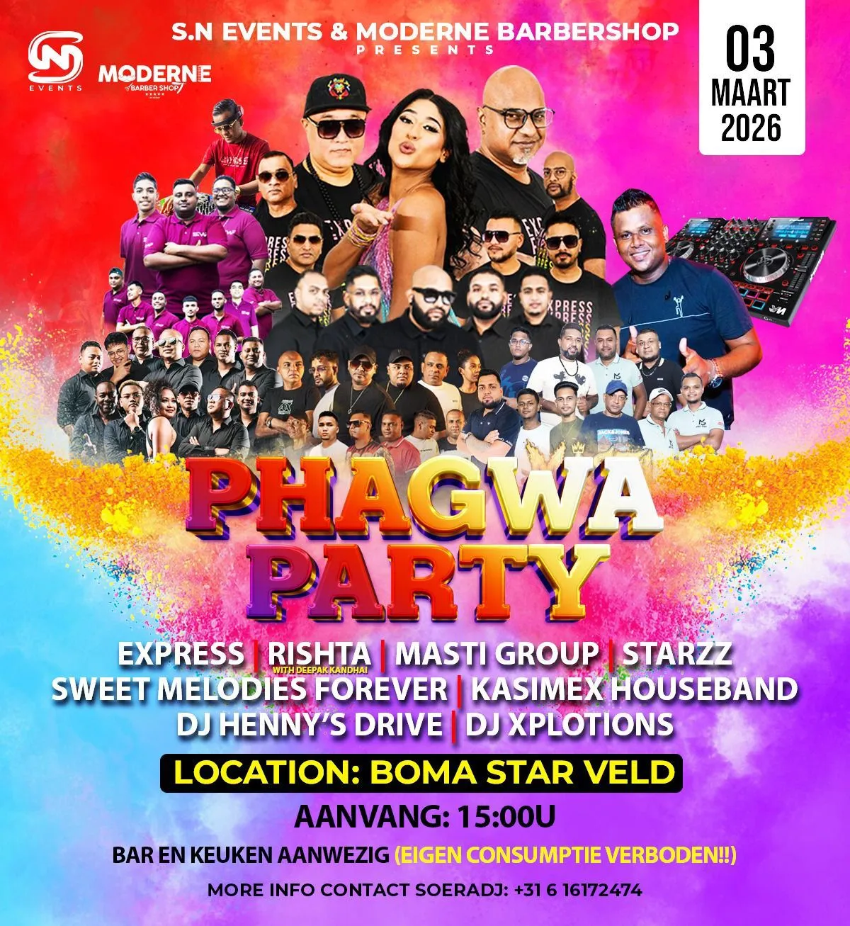 Flyer van Phagwa Party bij Boma Star Veld