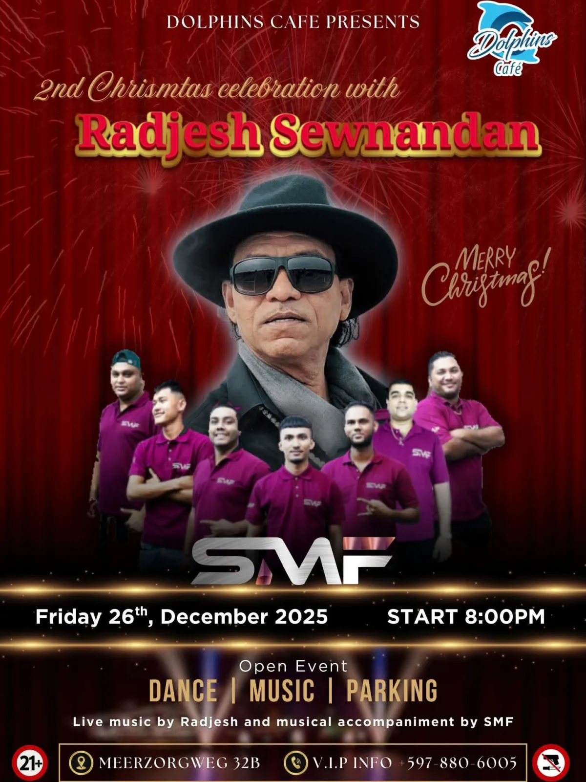 Flyer of 2nd Christmas Celebration with Radjesh Sewnandan at Dolphins Café