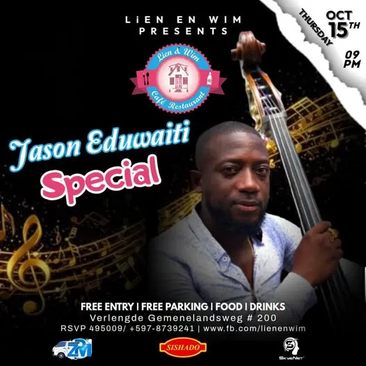 Flyer van Jason Eduwaiti Special bij Lien en Wim Café Restaurant