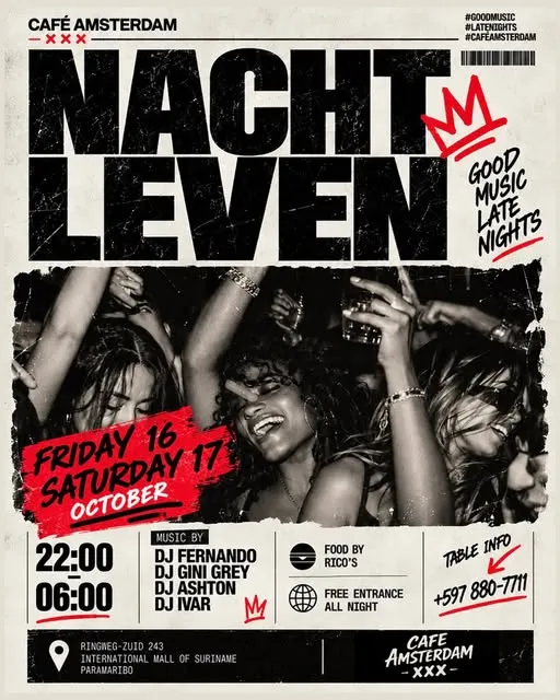 Flyer van Nacht Leven bij Café Amsterdam