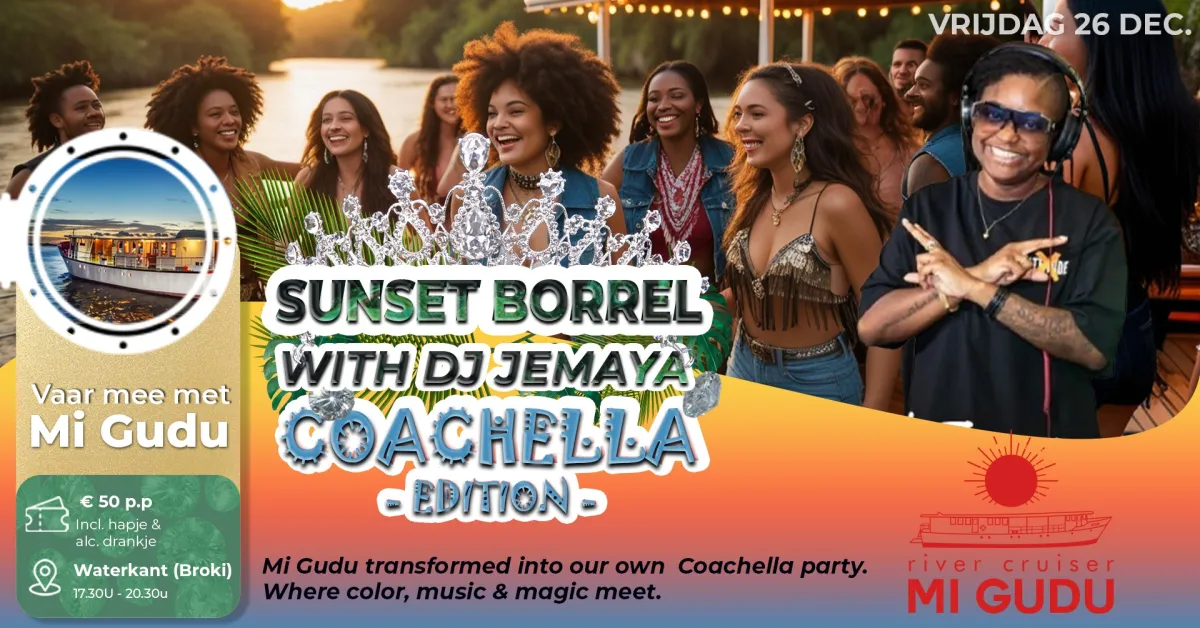 Flyer van Sunset Borrel with DJ Jemaya Coachella Edition bij Mi Gudu