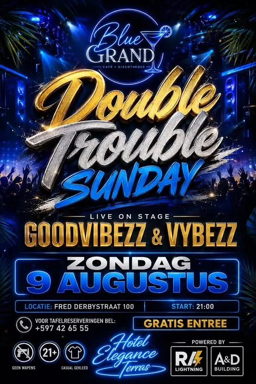 Flyer van Double Trouble Sunday bij Blue Grand Café