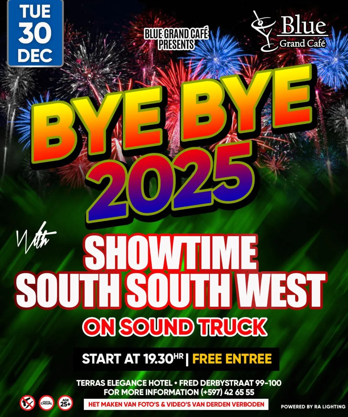 Flyer van BYE BYE 2025 bij Blue Grand Café