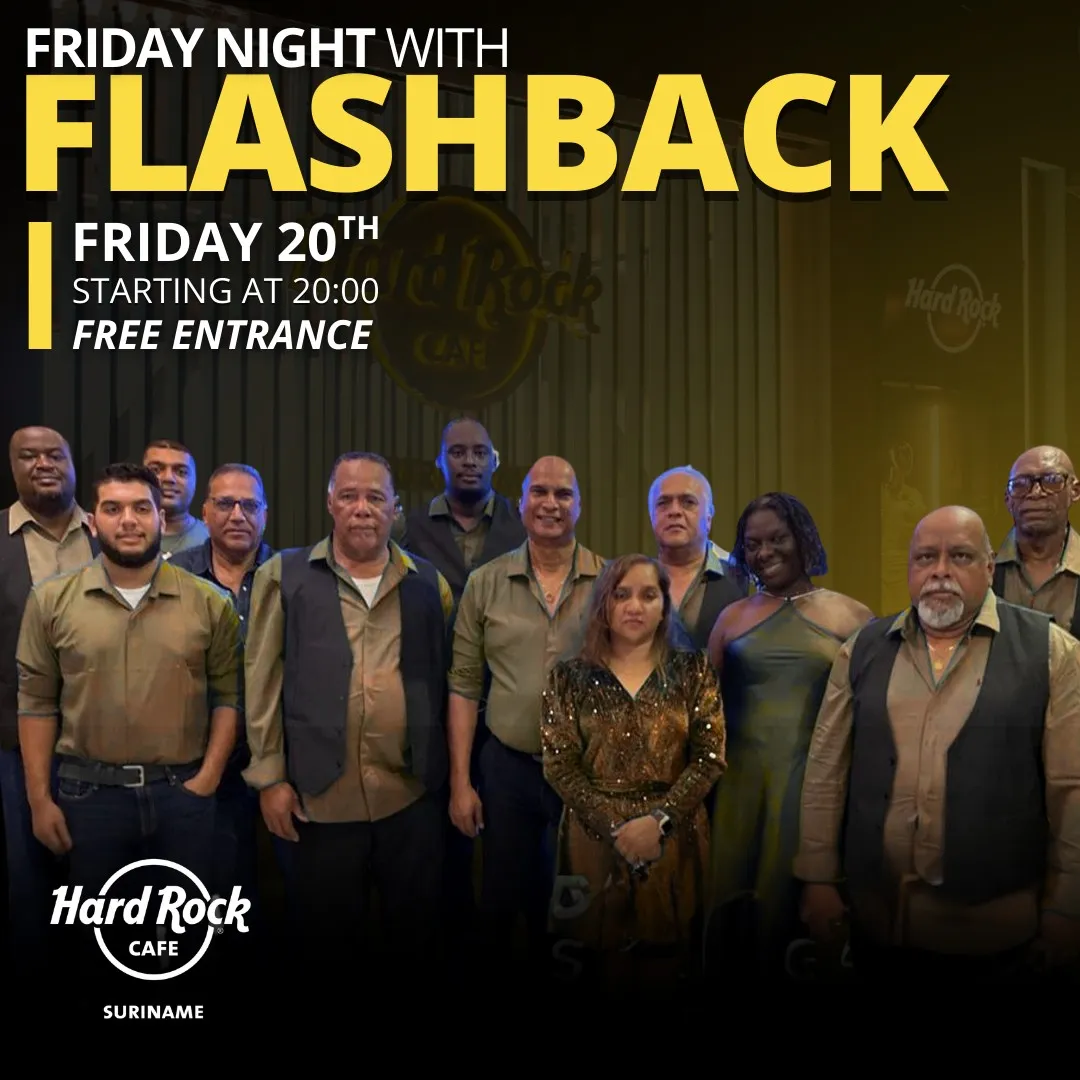 Flyer van Friday Night with Flashback bij Hard Rock Cafe Suriname