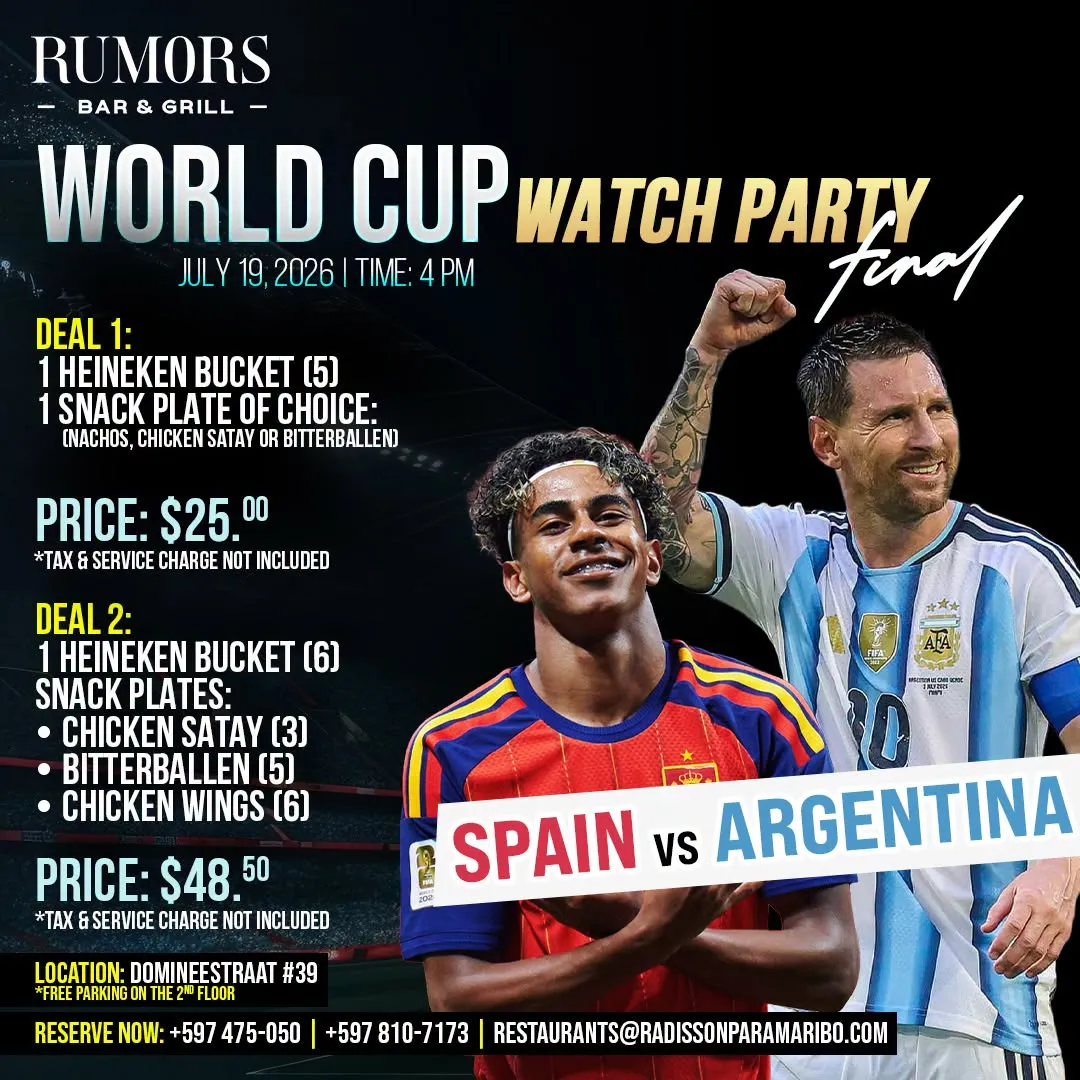 Flyer van WORLD CUP WATCH PARTY bij Rumors Bar & Grill @Radisson Hotel Paramaribo
