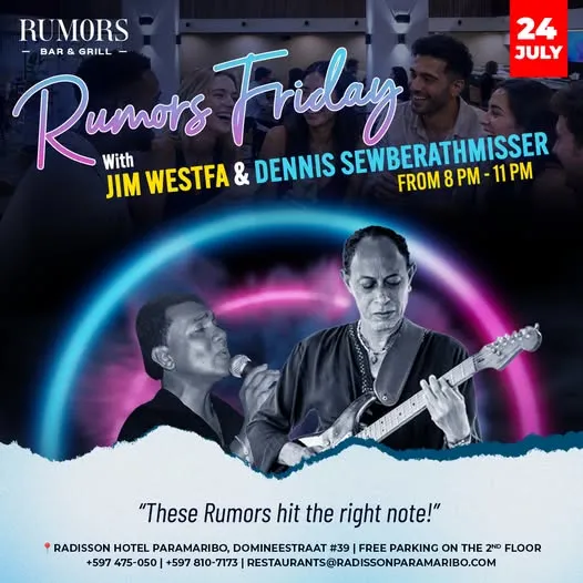 Flyer van Rumors Friday bij Rumors Bar & Grill @Radisson Hotel Paramaribo