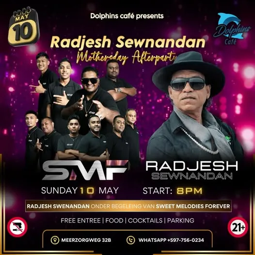 Flyer van Radjesh Sewnandan Mother’s Day Afterparty bij Dolphins Café