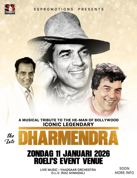 Flyer van The Late Dharmendra bij Roeli's Event Venue