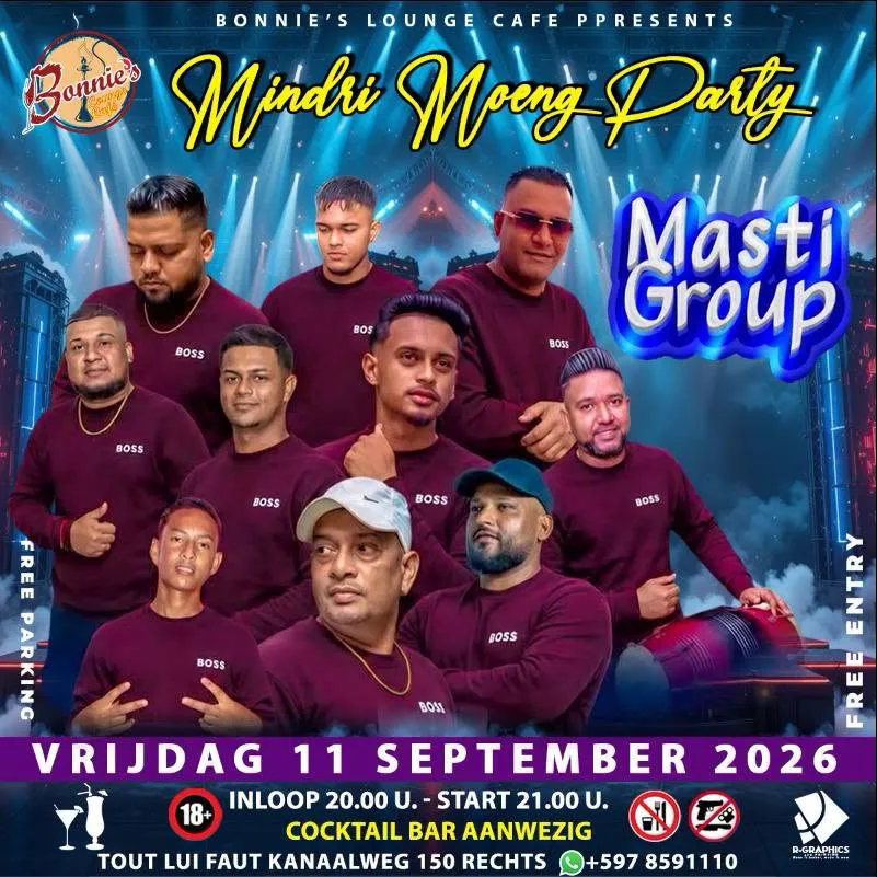 Flyer van Mindri Moeng Party bij Bonnie's Lounge Cafe