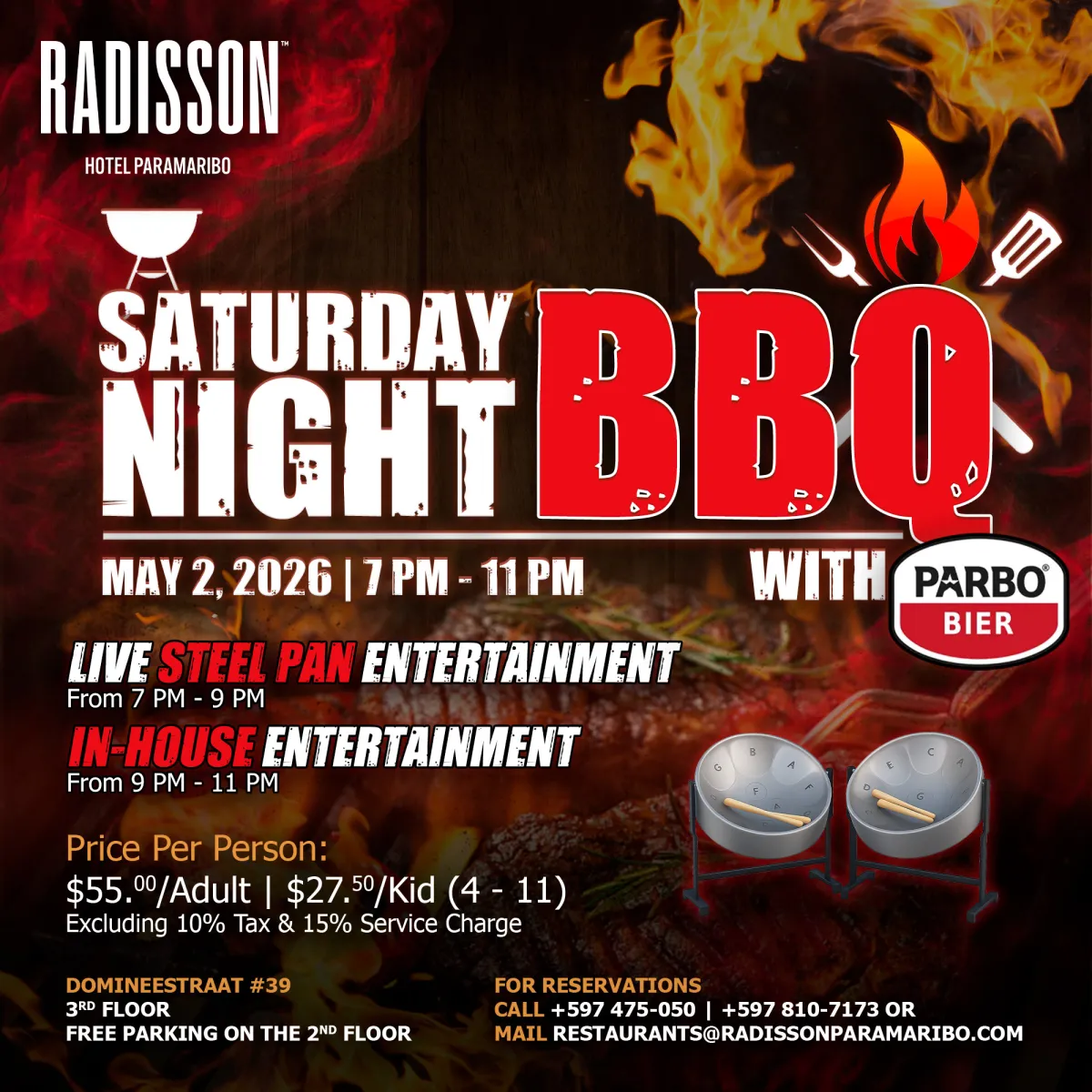 Flyer van SATURDAY NIGHT BBQ bij Rumors Bar & Grill @Radisson Hotel Paramaribo