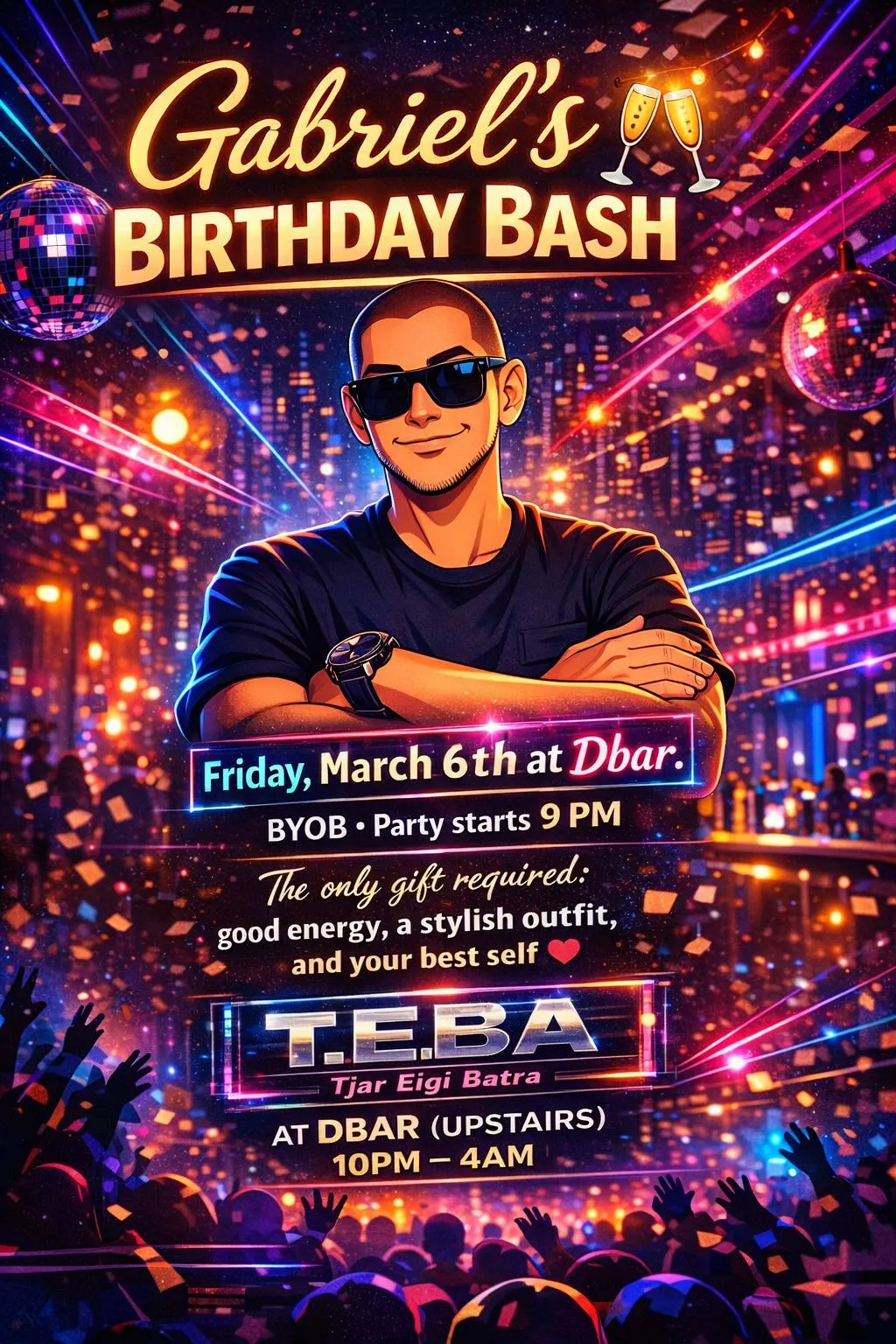 Flyer of Gabriel's Birthday Bash at D'Bar Upstairs