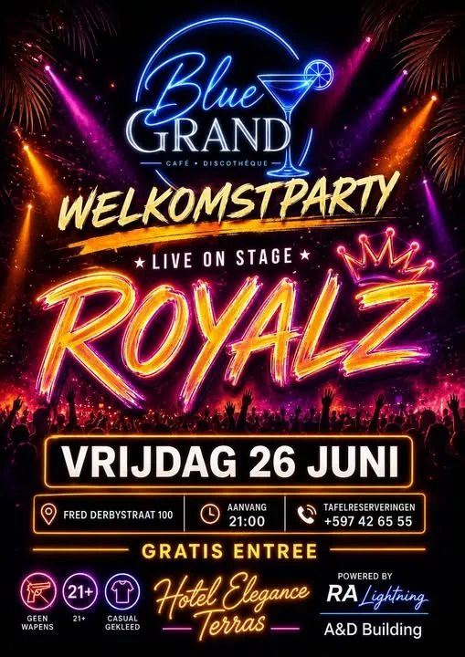 Flyer van Welkomstparty bij Blue Grand Café