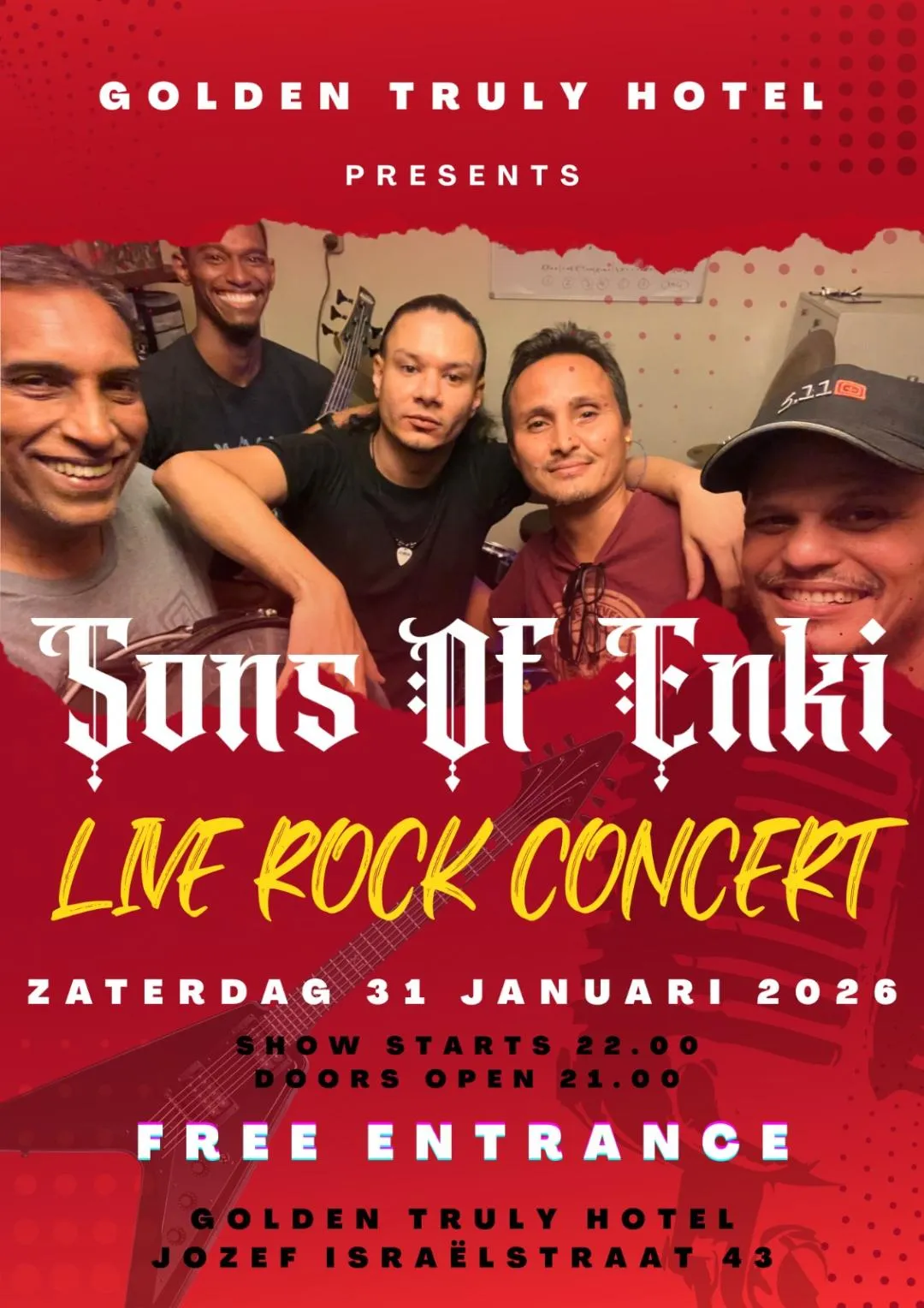 Flyer van Sons Of Enki Live Rock Concert bij Golden Truly Hotel
