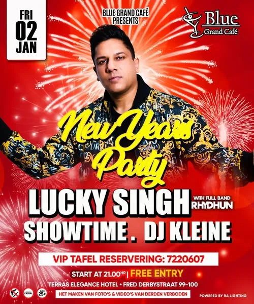 Flyer van New Years Party bij Blue Grand Café