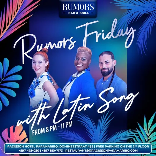 Flyer van Rumors Friday with Latin Song bij Rumors Bar & Grill @Radisson Hotel Paramaribo