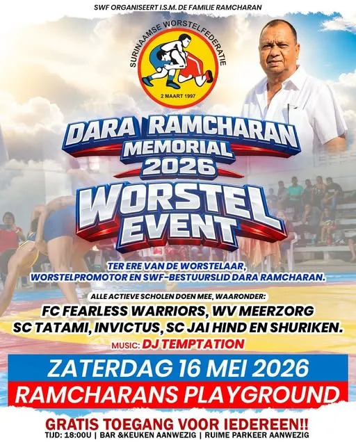Flyer van DARA RAMCHARAN MEMORIAL 2026 WORSTEL EVENT bij Ramcharan's Playground