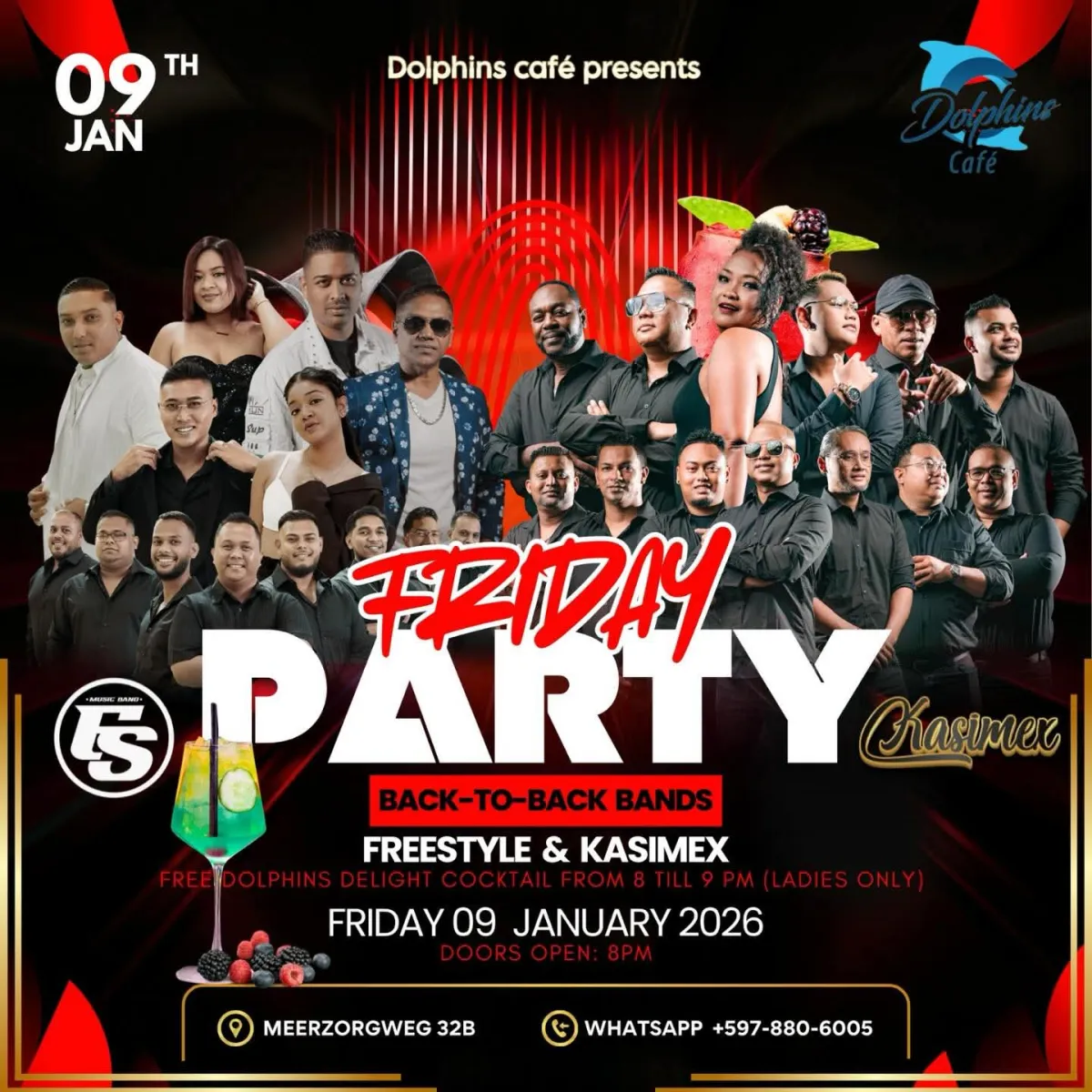 Flyer van Friday Party bij Dolphins Café