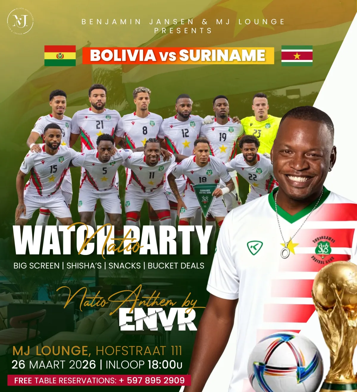 Flyer of WATCH PARTY Bolivia vs Suriname at MJ Lounge & Club