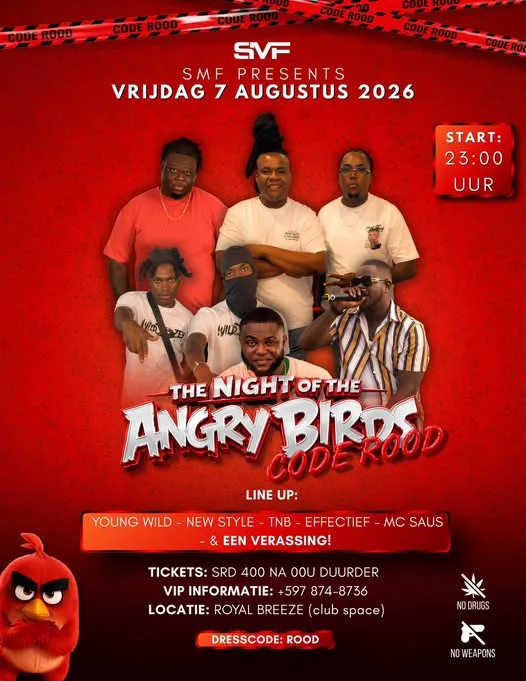 Flyer van THE NIGHT OF THE ANGRY BIRDS CODE ROOD bij Royal Breeze (Club Space)