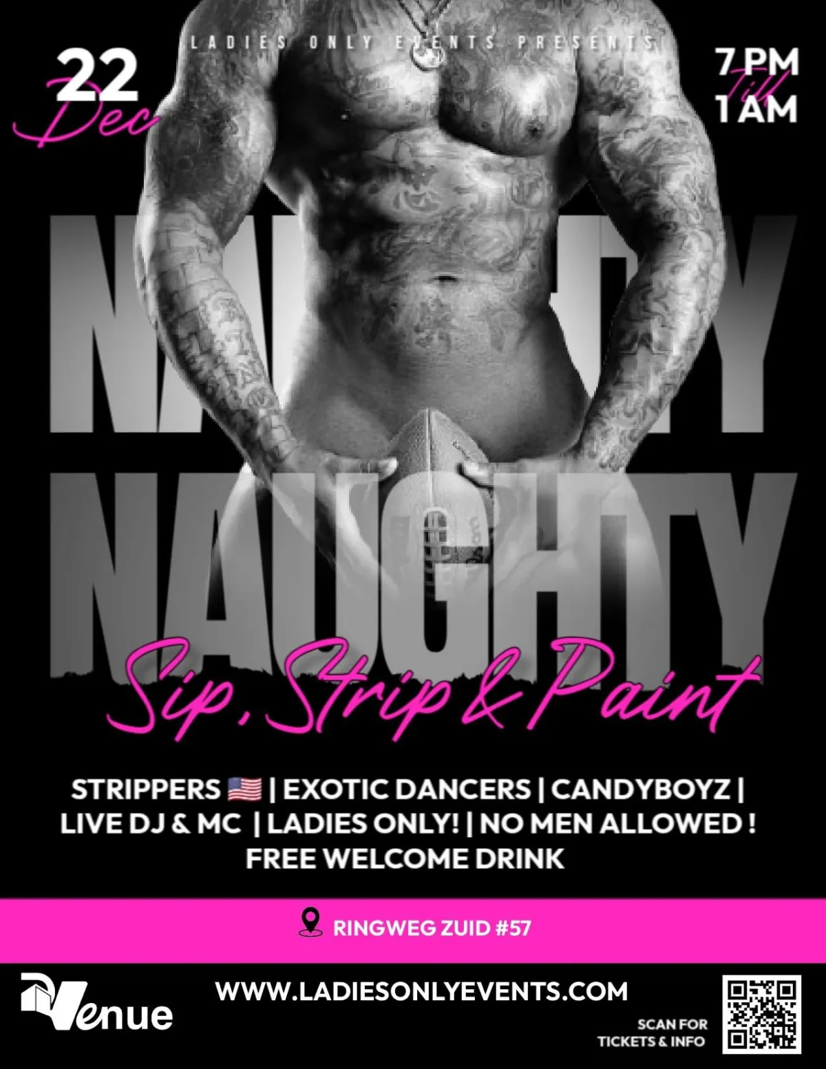 Flyer van Naughty Sip, Strip & Paint bij D Venue