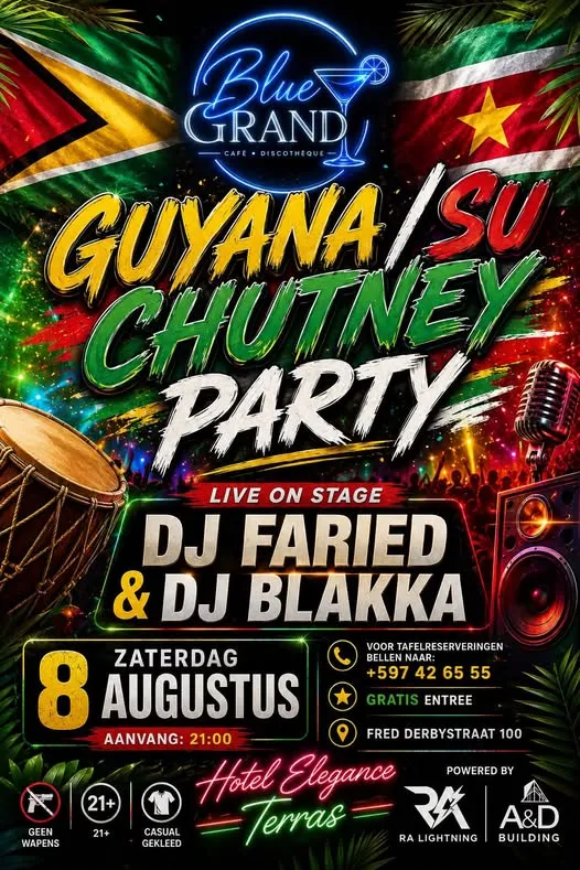 Flyer van GUYANA/SU CHUTNEY PARTY bij Blue Grand Café
