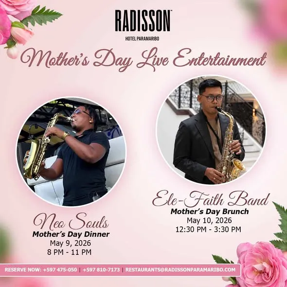 Flyer of Mother's Day Live Entertainment at Rumors Bar & Grill @Radisson Hotel Paramaribo