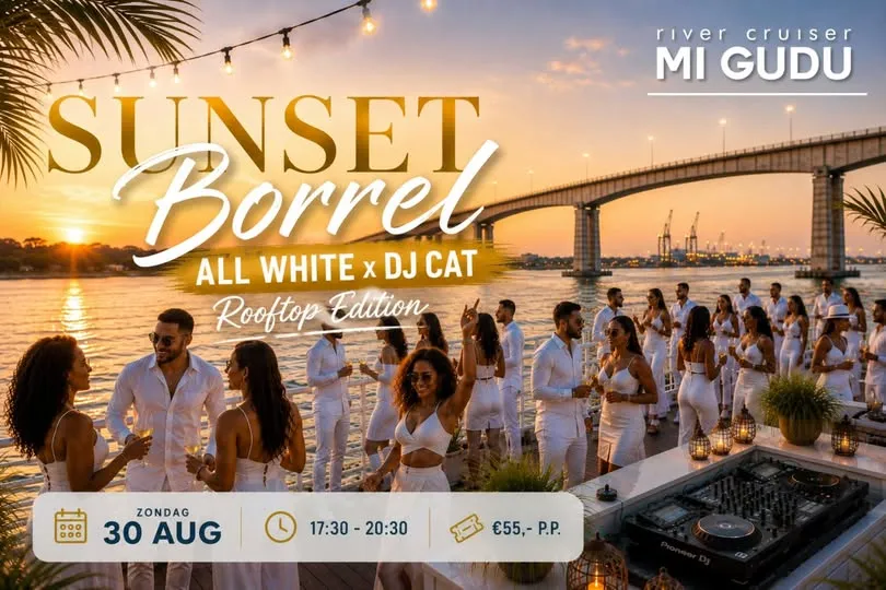 Flyer van SUNSET Borrel bij Mi Gudu