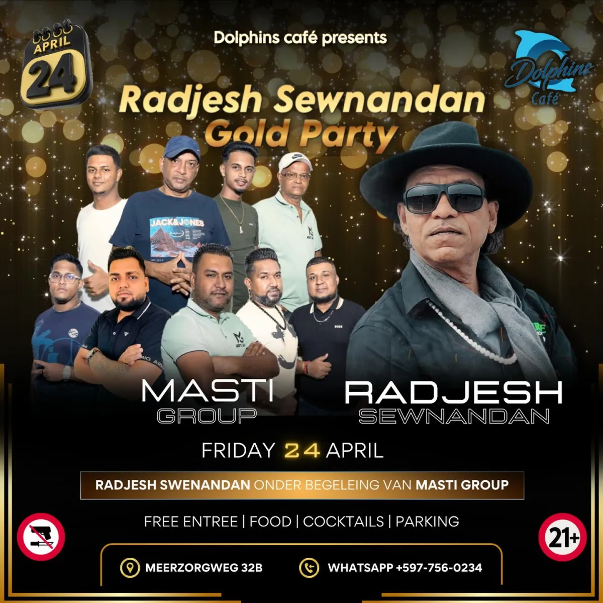 Flyer van Radjesh Sewnandan Gold Party bij Dolphins Café