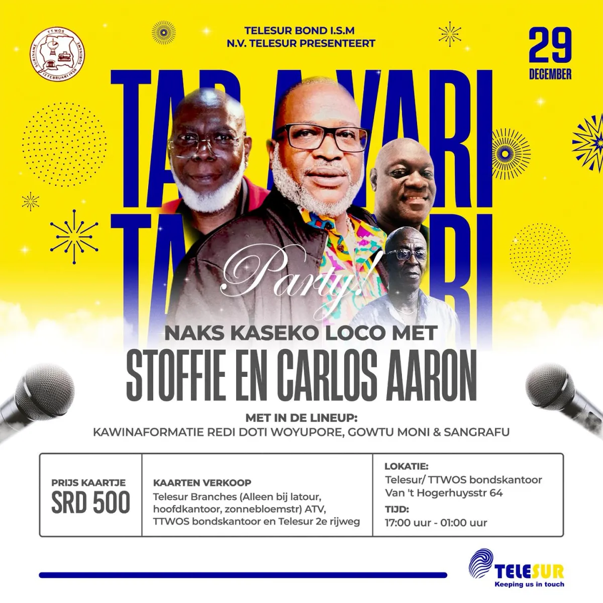 Flyer of Tap A Yari Party at Telesur/TTWOS bondskantoor