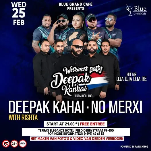Flyer of Welkomst Party Deepak Kanhai at Blue Grand Café