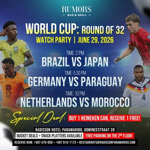 Flyer van WORLD CUP: ROUND OF 32 WATCH PARTY bij Rumors Bar & Grill @Radisson Hotel Paramaribo