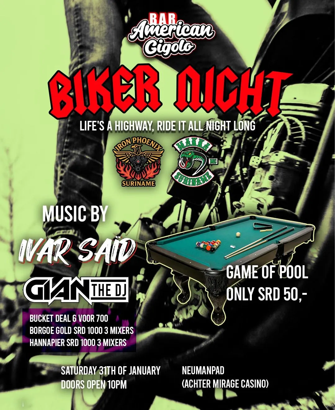Flyer van Biker Night bij Bar American Gigolo