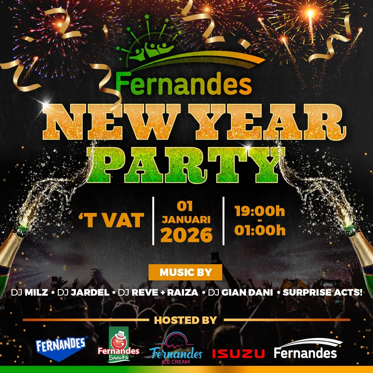 Flyer van Fernandes New Year Party bij 'T Vat