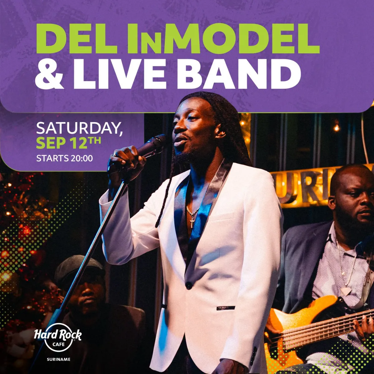 Flyer van DEL InMODEL & LIVE BAND bij Hard Rock Cafe Suriname
