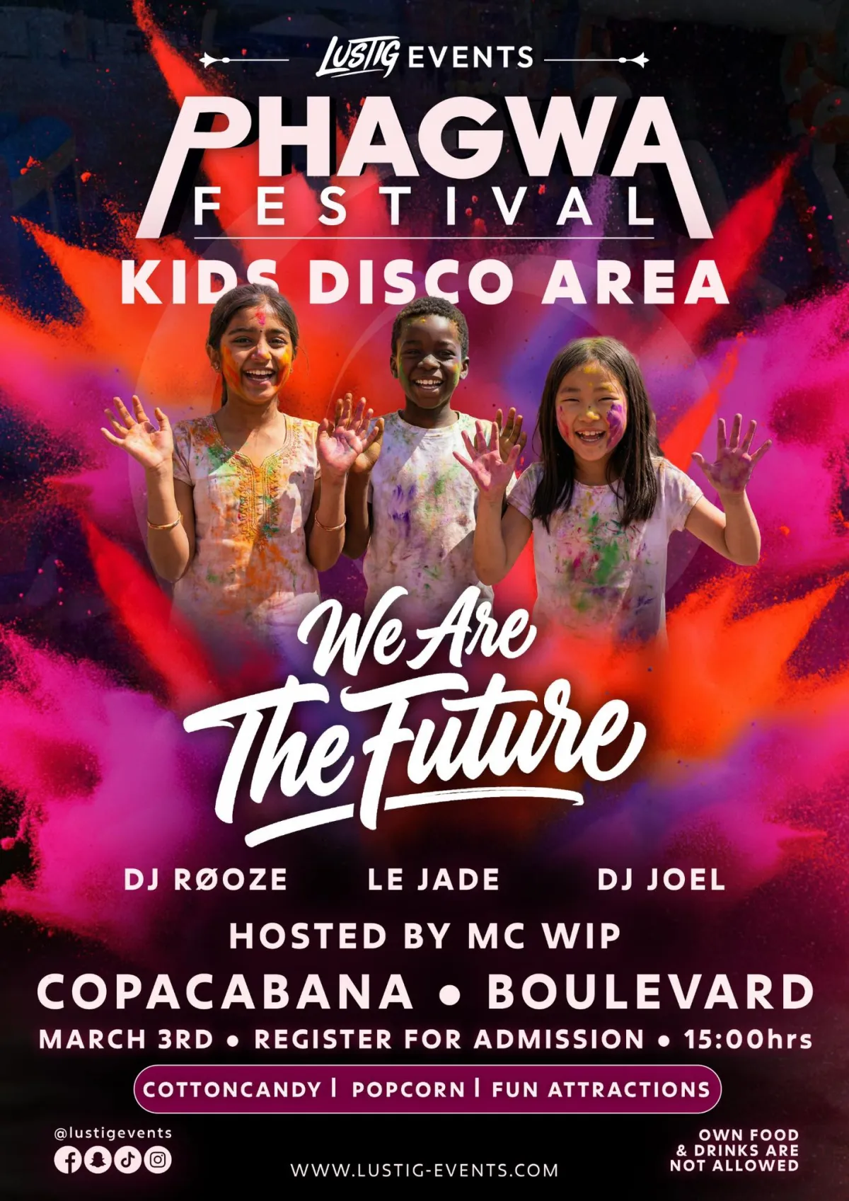Flyer van Phagwa Festival - Kids Disco bij Boulevard, Paramaribo