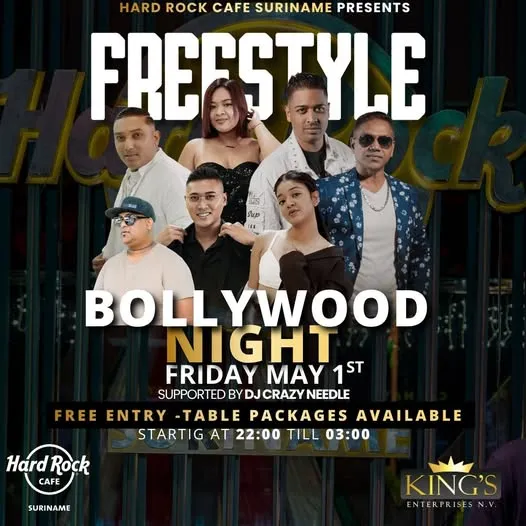 Flyer van Bollywood Night bij Hard Rock Cafe Suriname