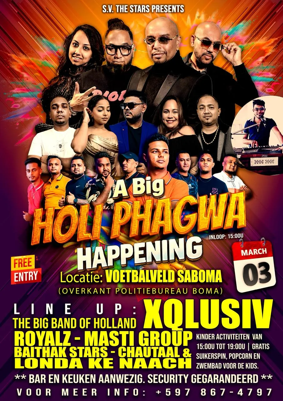 Flyer van A Big Holi Phagwa Happening bij Voetbalveld Saboma
