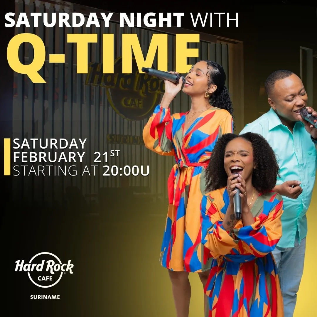 Flyer of Saturday Night with Q-Time at Hard Rock Cafe Suriname