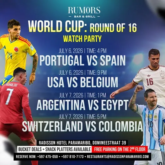 Flyer van WORLD CUP: ROUND OF 16 WATCH PARTY bij Rumors Bar & Grill @Radisson Hotel Paramaribo