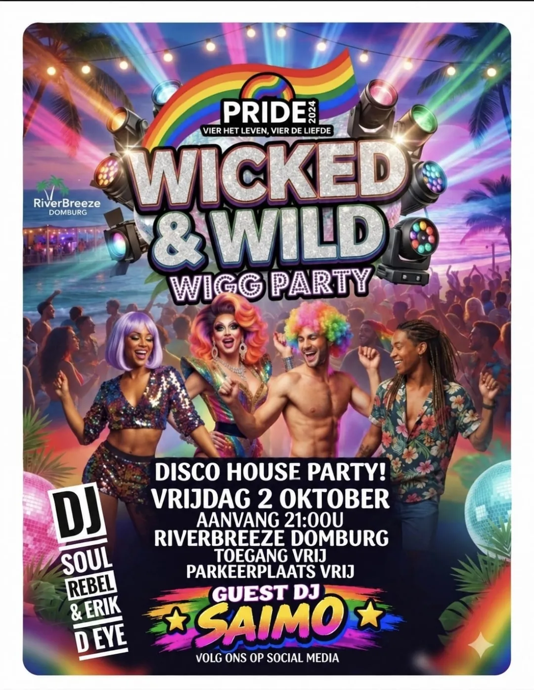 Flyer van Wicked & Wild Wigg Party bij Riverbreeze Domburg