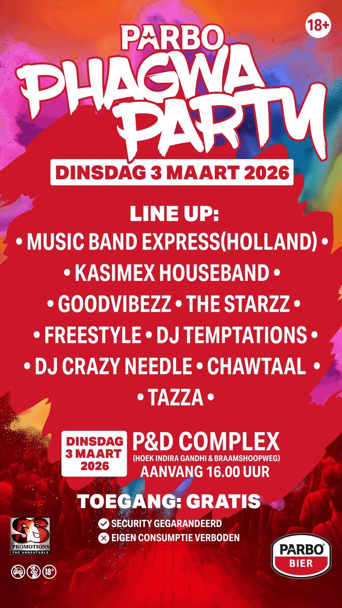 Flyer van Parbo Phagwa Party bij P&D Complex