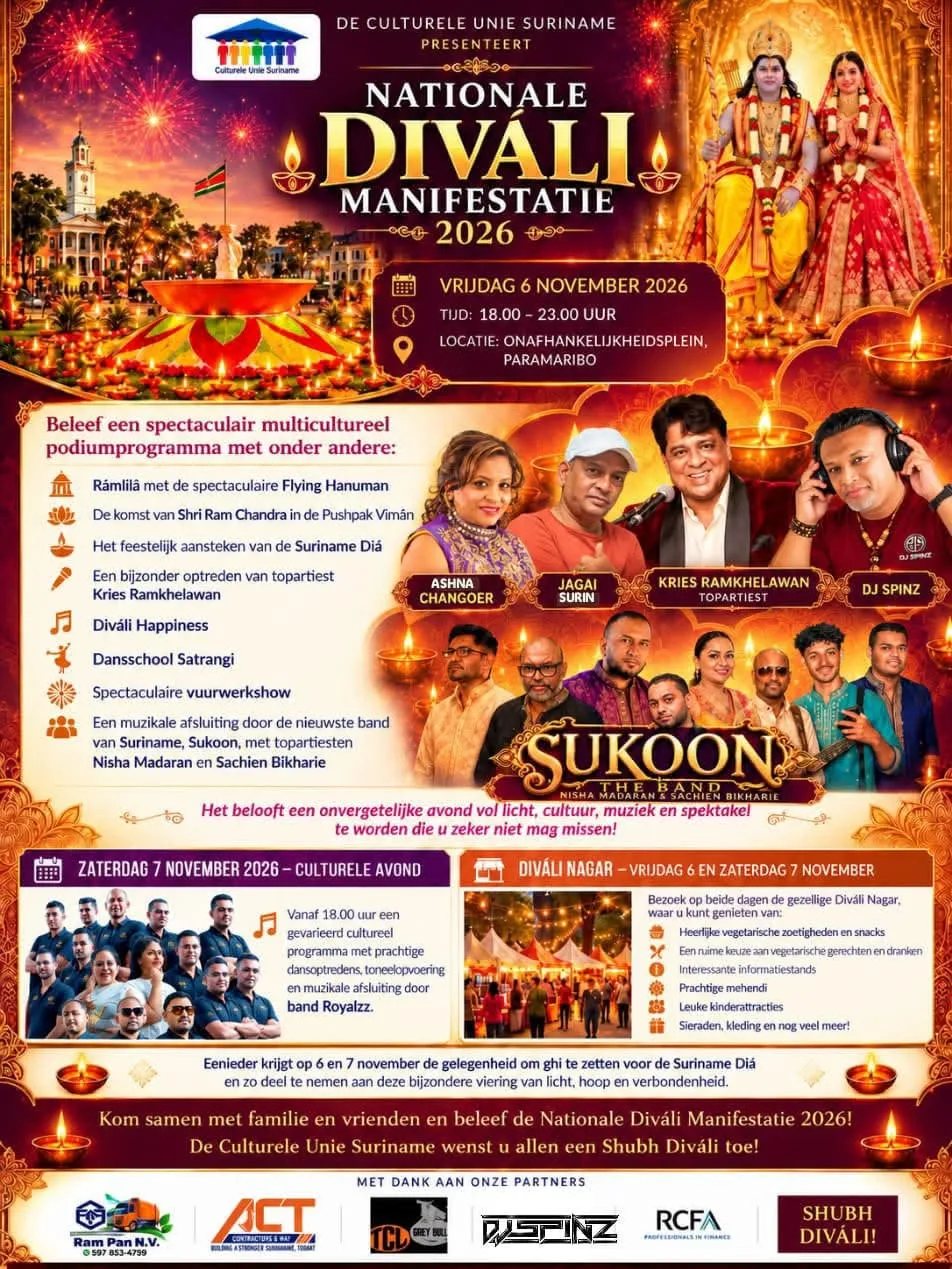 Flyer van Nationale Diwali Manifestatie 2026 bij Onafhankelijkheidsplein