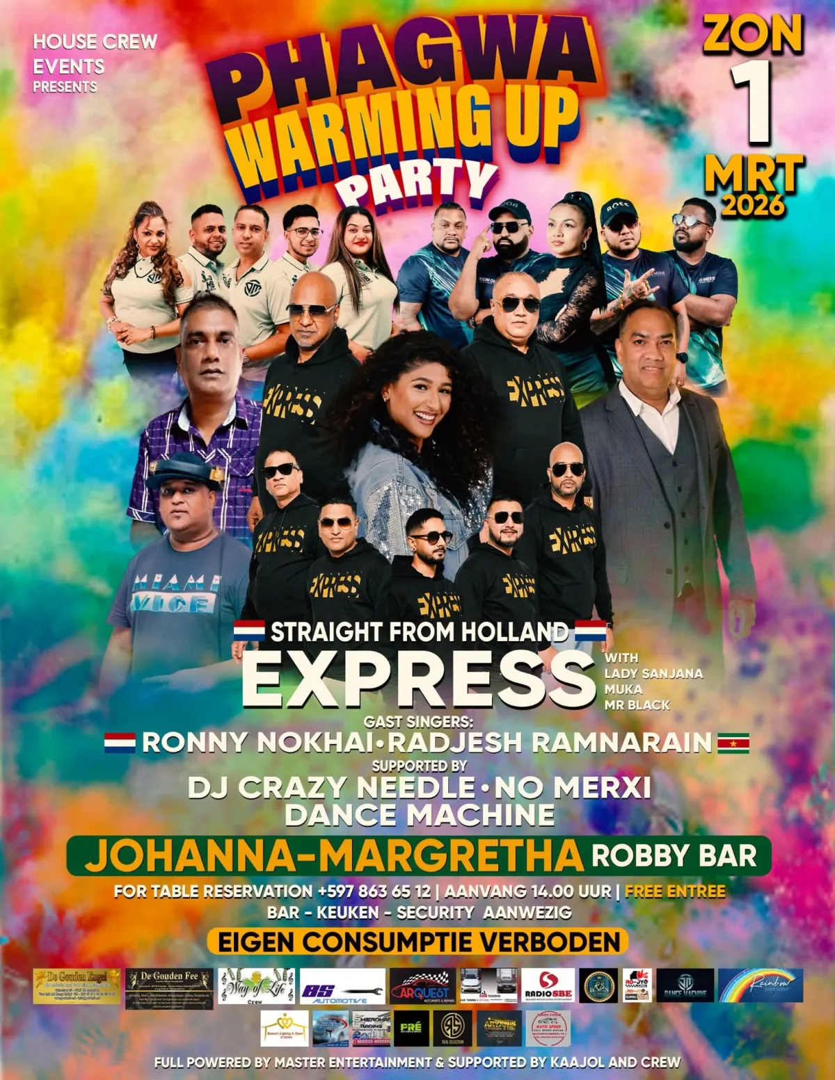 Flyer van Phagwa Warming Up Party bij Johanna-Margretha Robby Bar