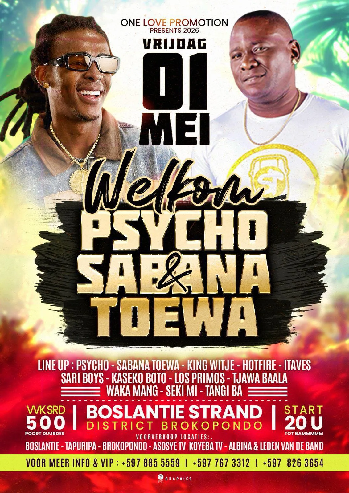Flyer van Welkom Psycho & Sabana Toewa bij Boslantie Strand