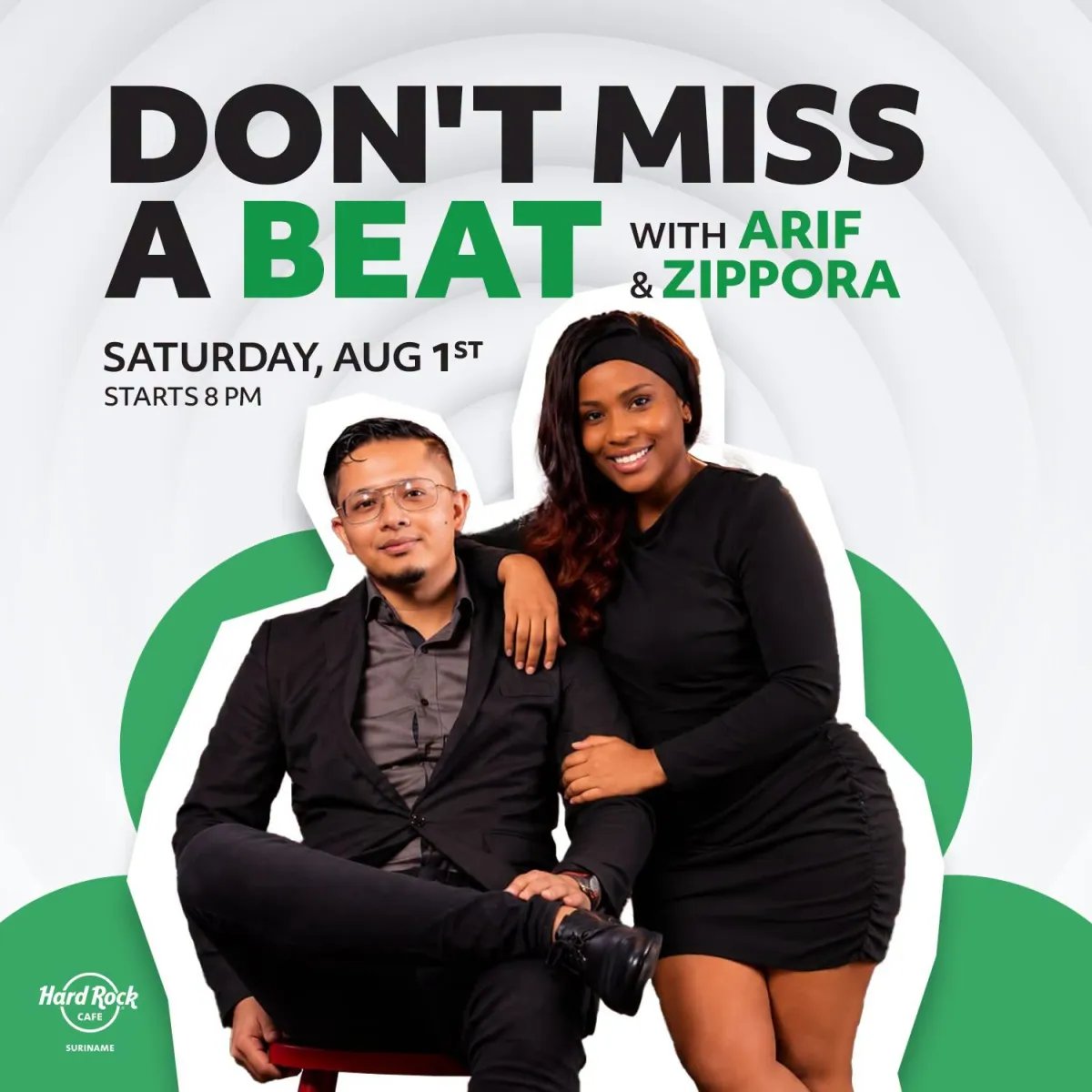 Flyer van DON'T MISS A BEAT bij Hard Rock Cafe Suriname